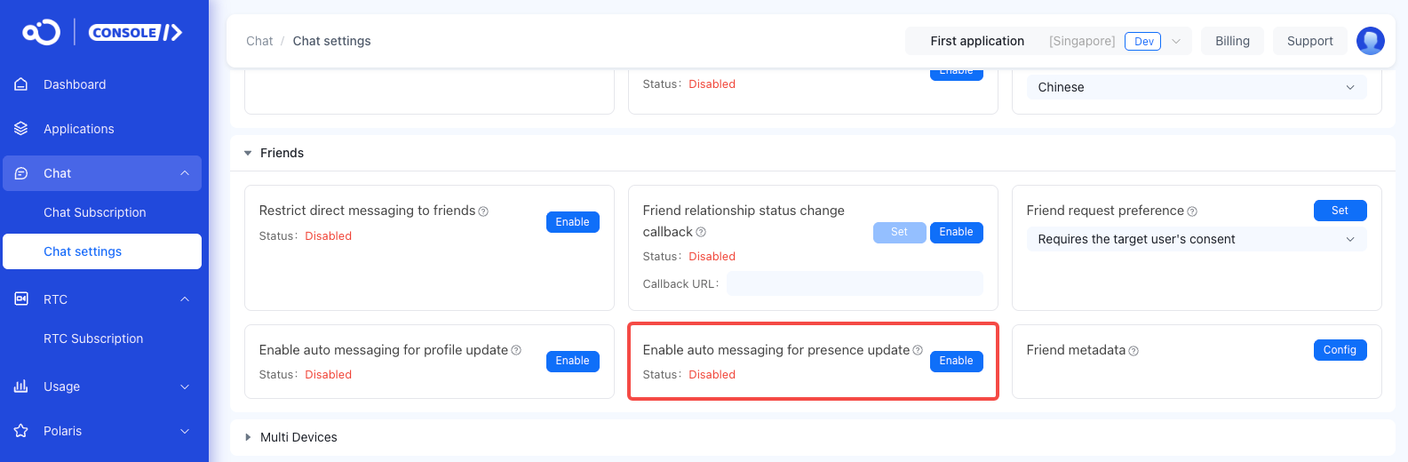 Client friend online status change notification