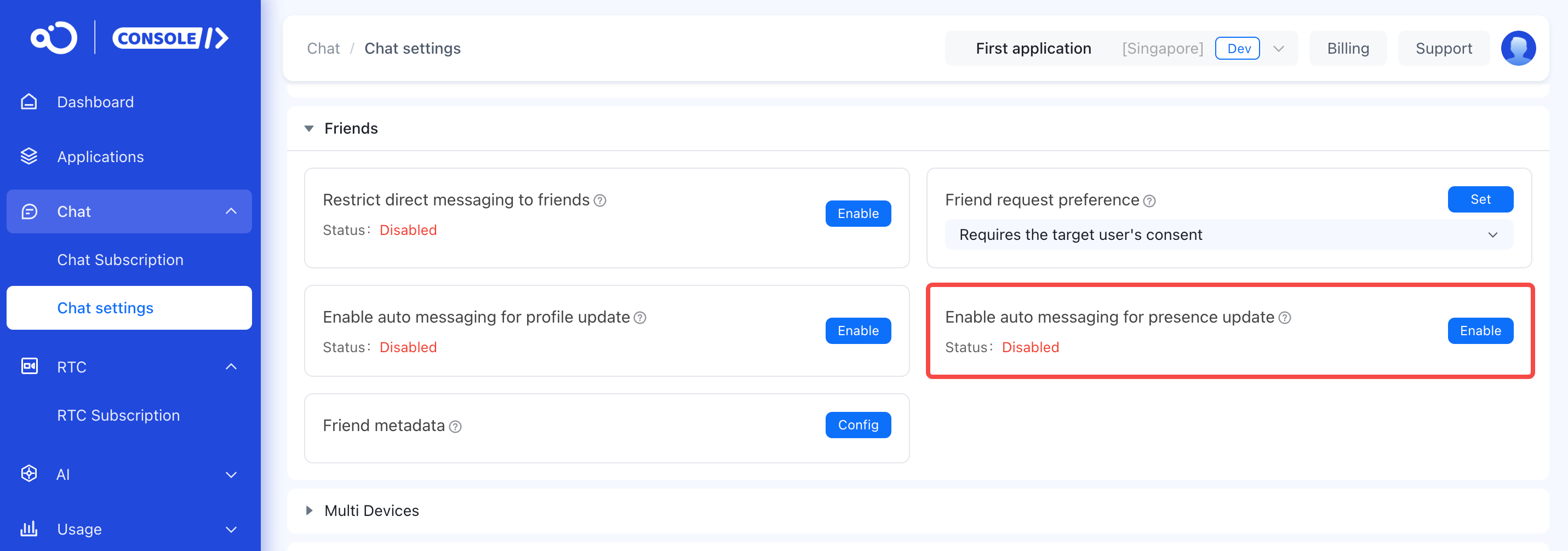 Enable auto messaging for presence update