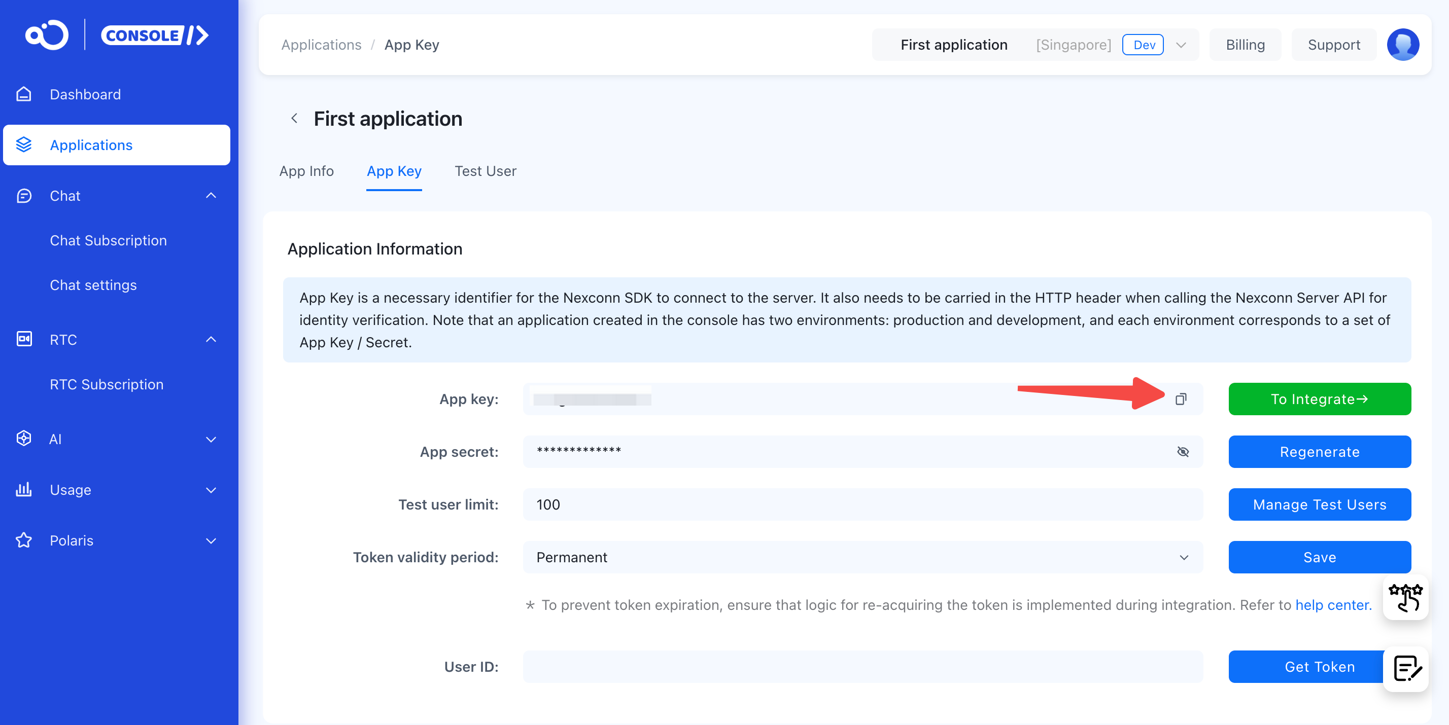 Copy the App Key in the Nexconn Console