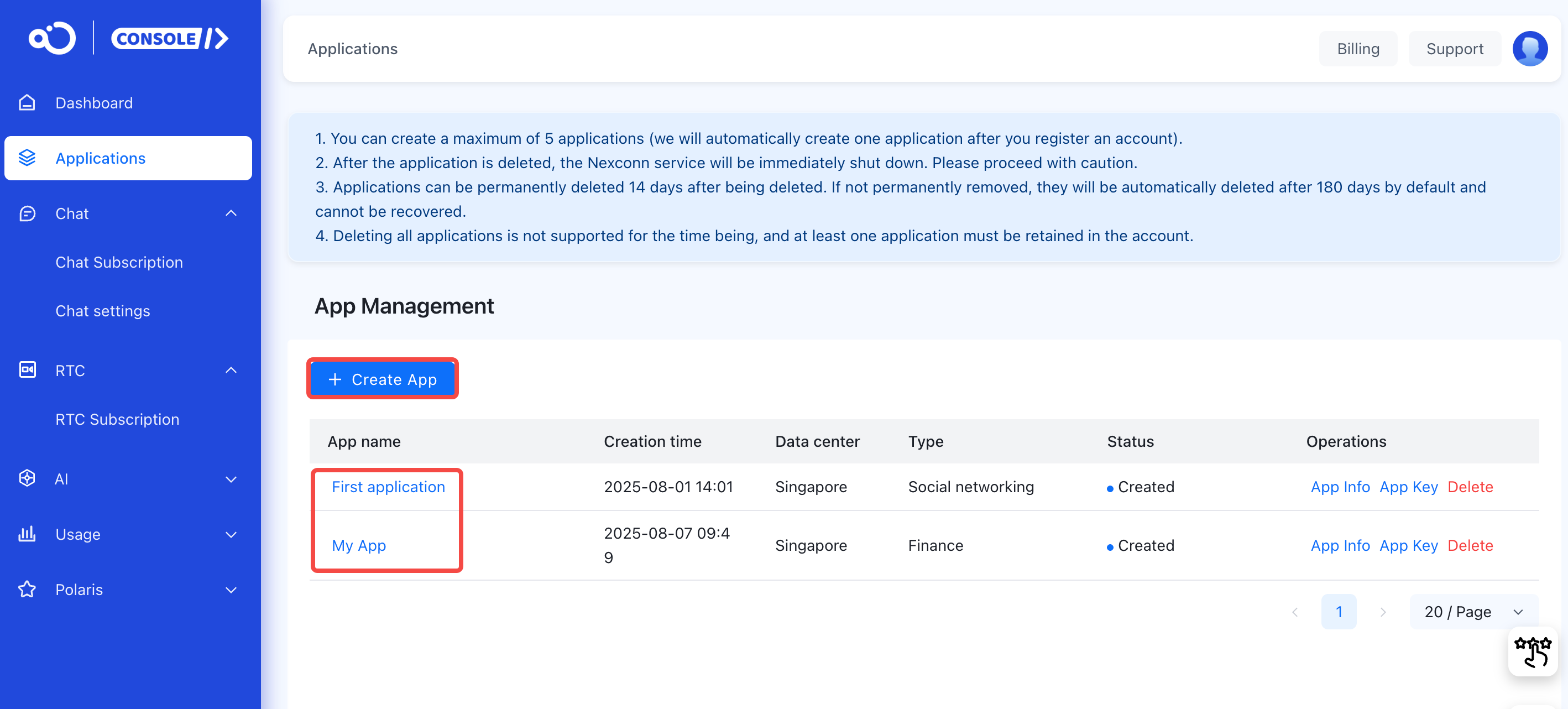 Create or select an application in the Nexconn Console