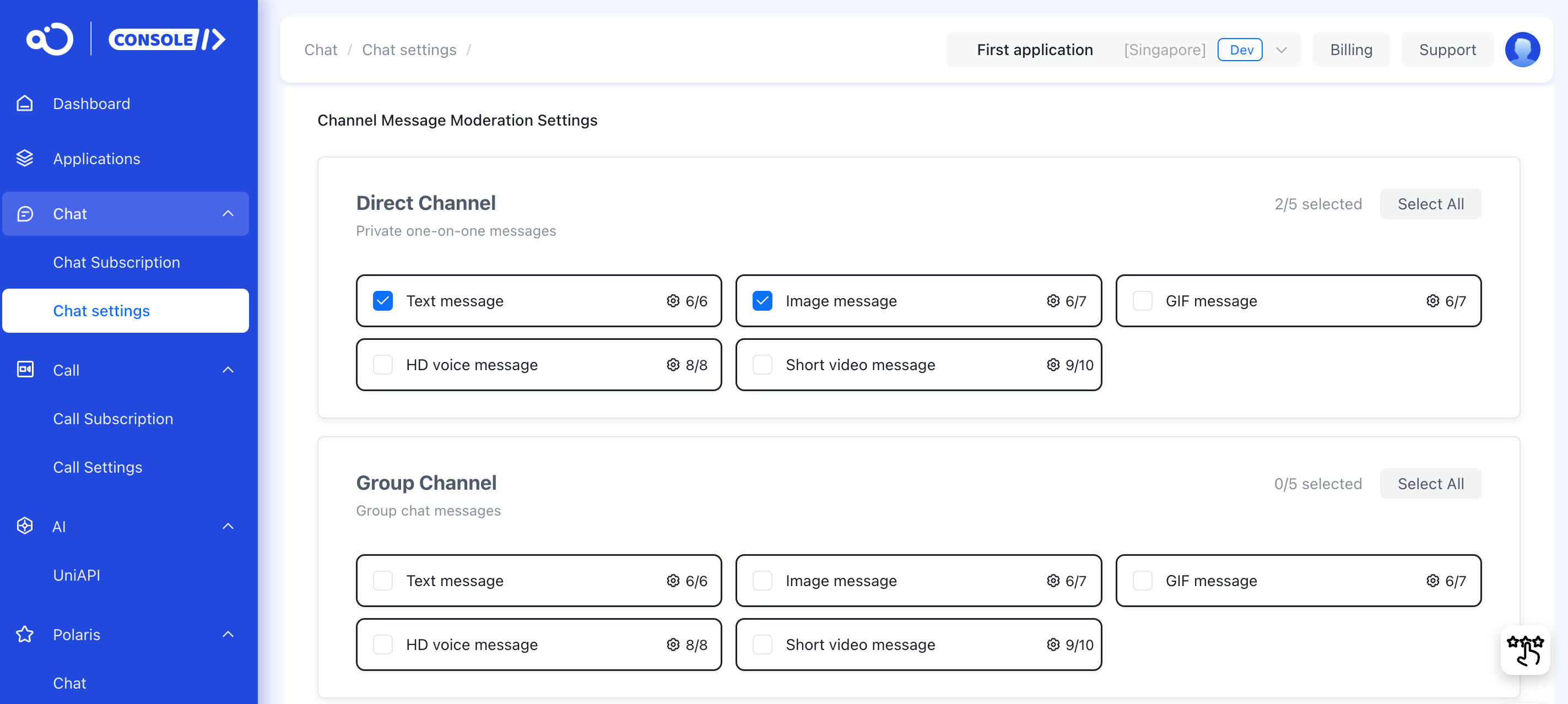 Select channel types and message types
