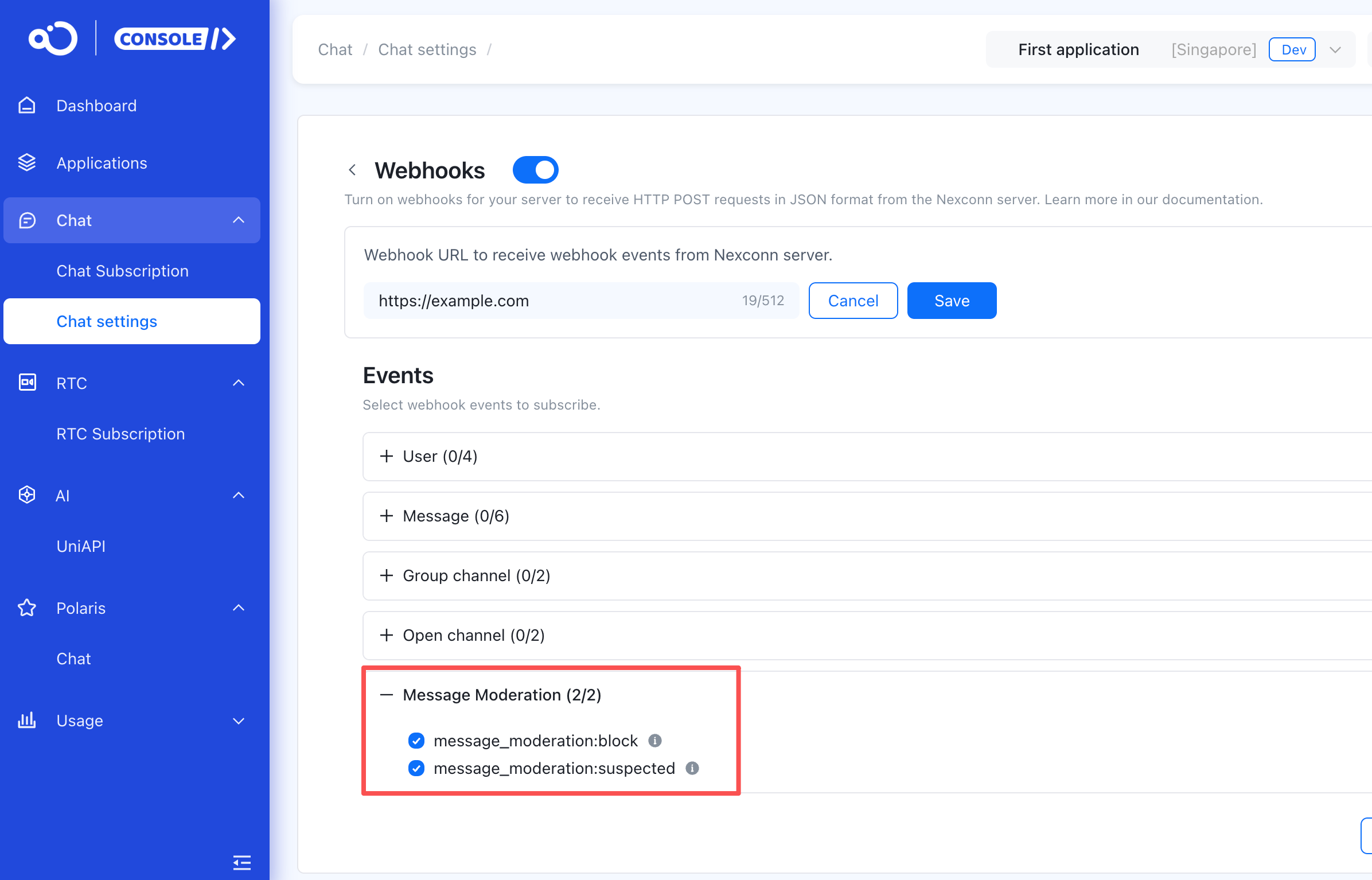 Select moderation result webhook events